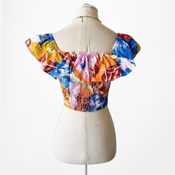 Zara Off Shoulder Blue Yellow Tropical Print Ruffle Bow Front Crop Top Size S - Picture 4 of 6